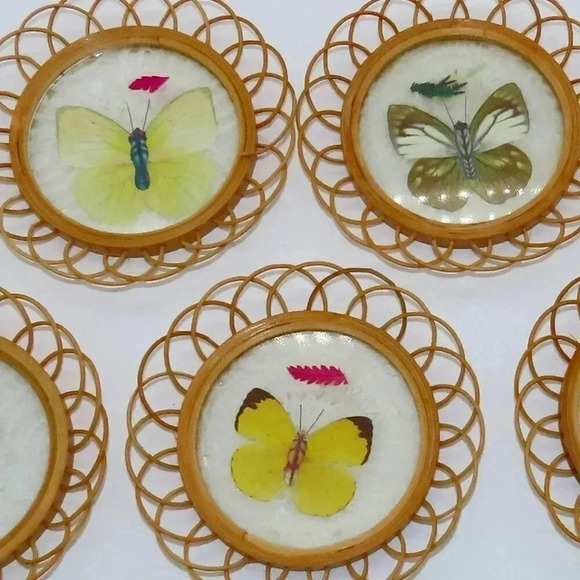 Vintage Pressed Butterfly Coasters Wicker MCM Set Of 6 - Picture 2 of 4